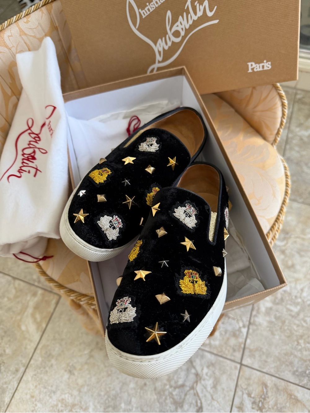 Christian Louboutin Black Velvet Embroidered Star & Crest Slip-On Sneakers
